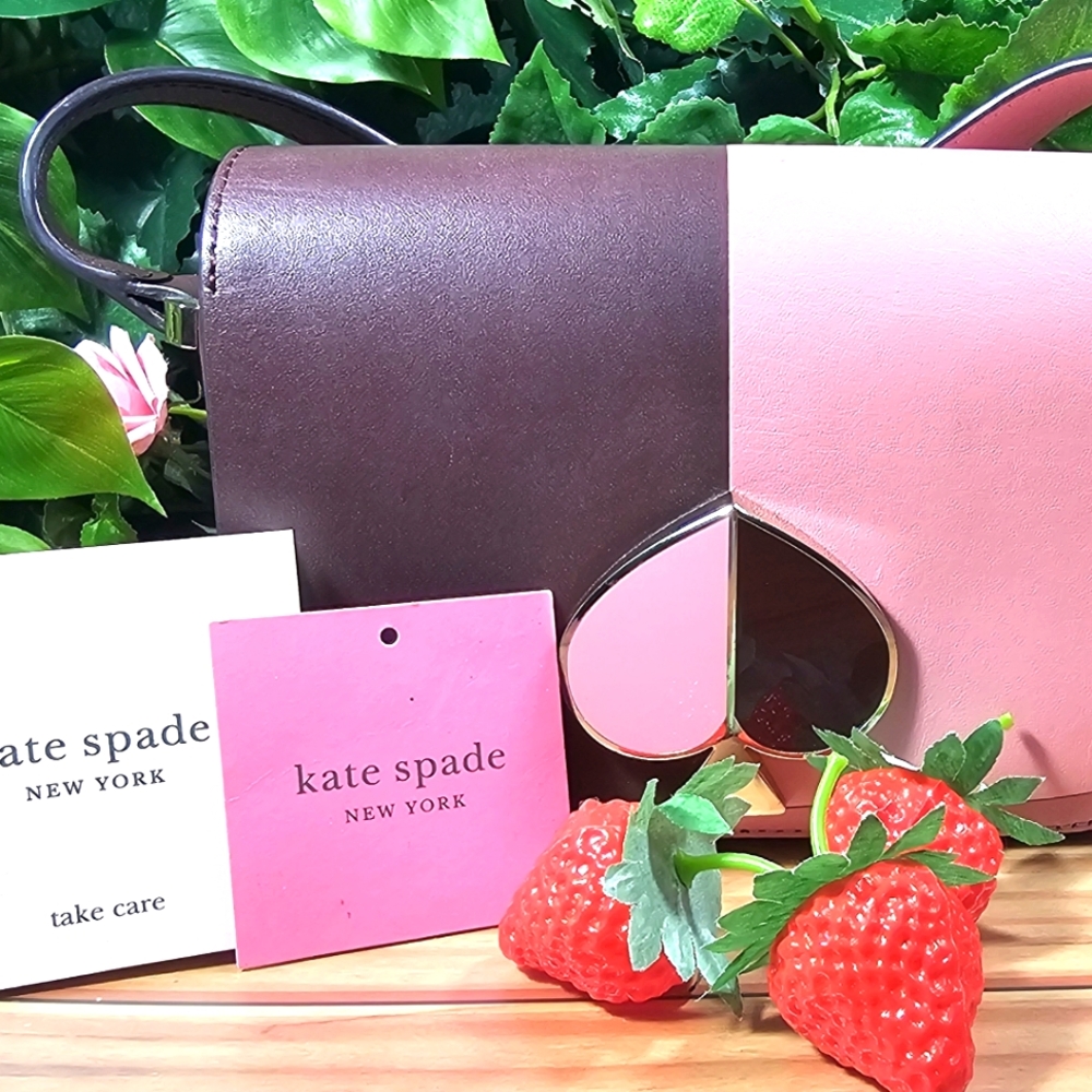 Kate Spade Nicola Bag in Genuine Leather Pink and Brown, Heart Snap Closure